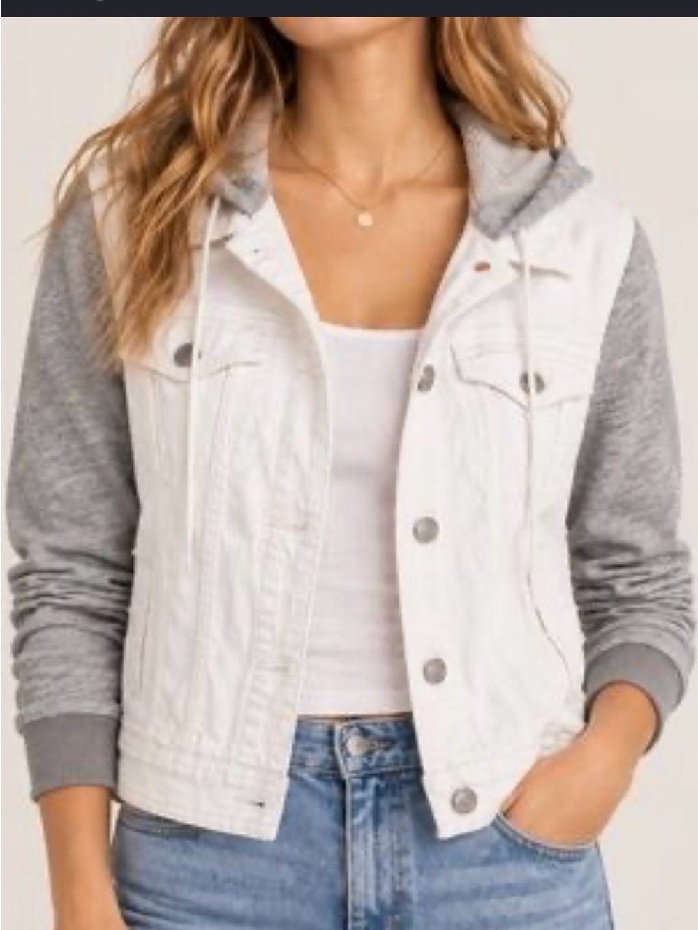 Blank NYC White Denim Jacket with Gray Hoodie Sleeves